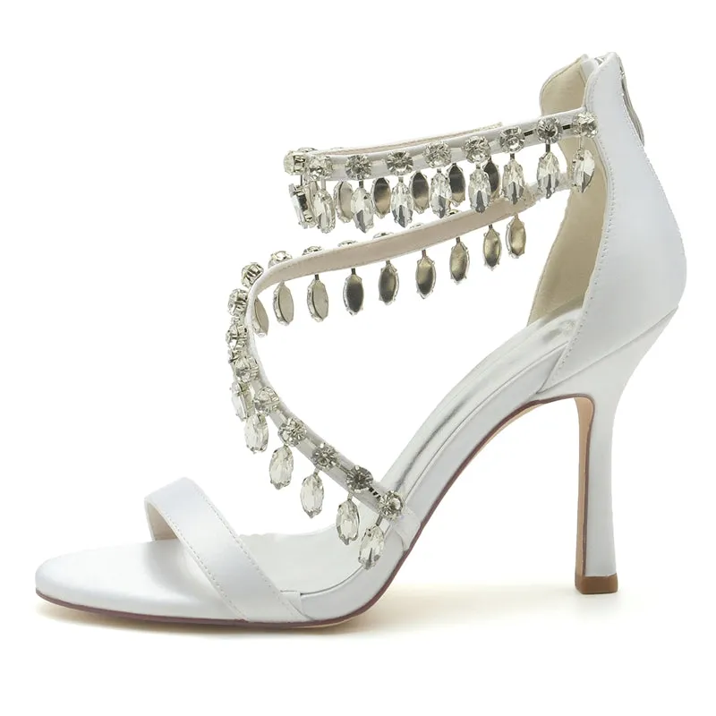 Women's Wedding Shoes Opened Toe Crossed Strap Buckle Bridal Shoes with Rhinestone Pendants