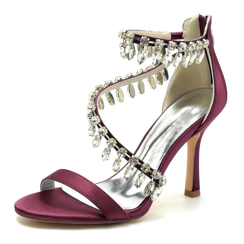 Women's Wedding Shoes Opened Toe Crossed Strap Buckle Bridal Shoes with Rhinestone Pendants